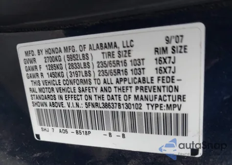 2007 Honda Odyssey Ex-L z USA, uszkodzony, nr VIN 5FNRL38637B130102